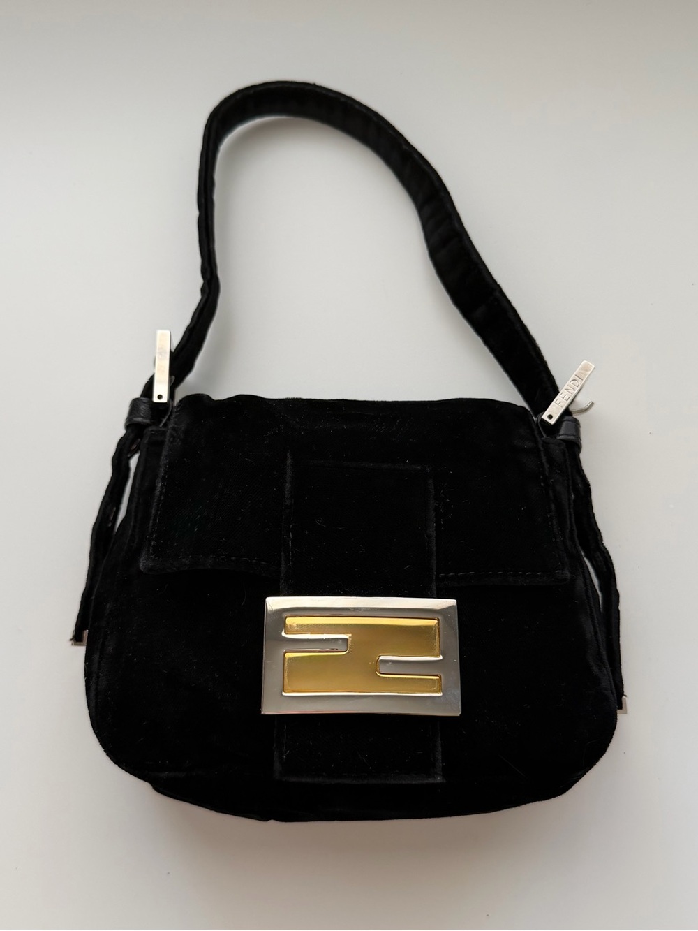 Fendi Black Mini Velvet Baguette Shoulder Bag